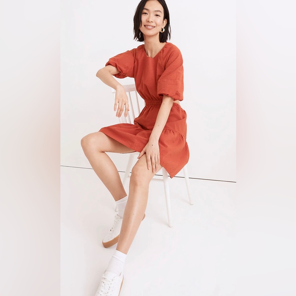 Madewell Seersucker Puff-Sleeve Cutout Mini Dress